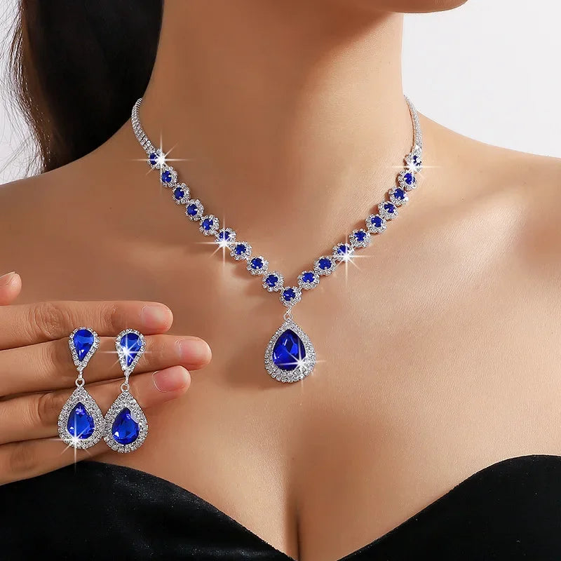 Red Green Blue Crystal Necklace Earrings For Women Water Drop Pendant Wedding Bride Jewelry Sets