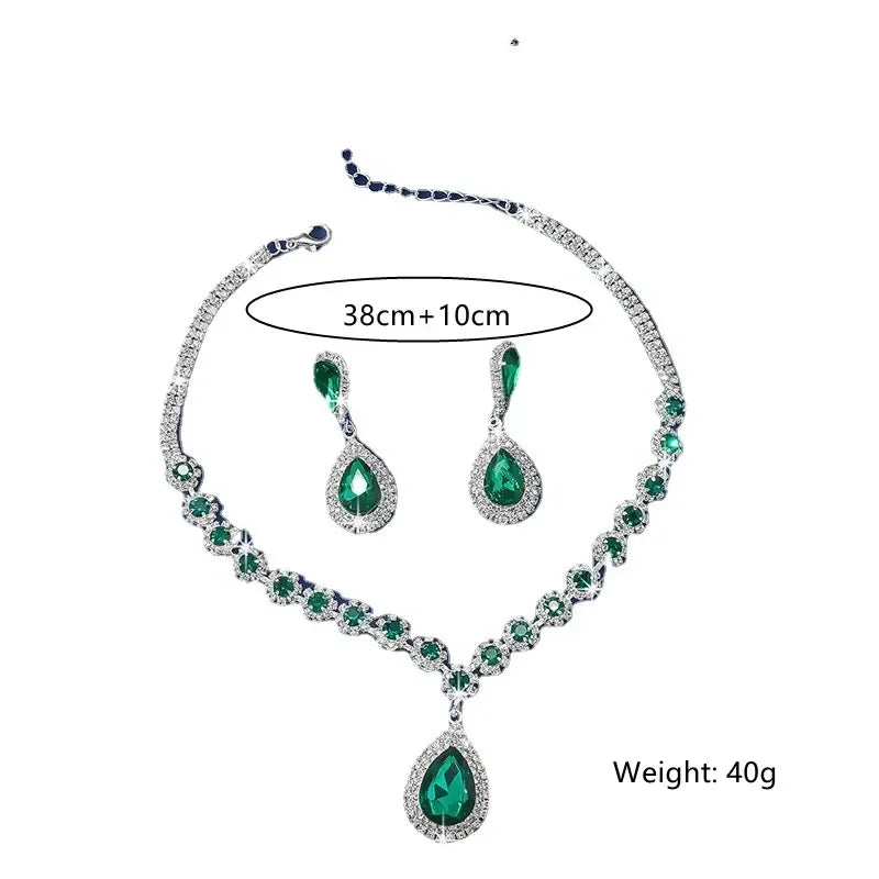 Red Green Blue Crystal Necklace Earrings For Women Water Drop Pendant Wedding Bride Jewelry Sets