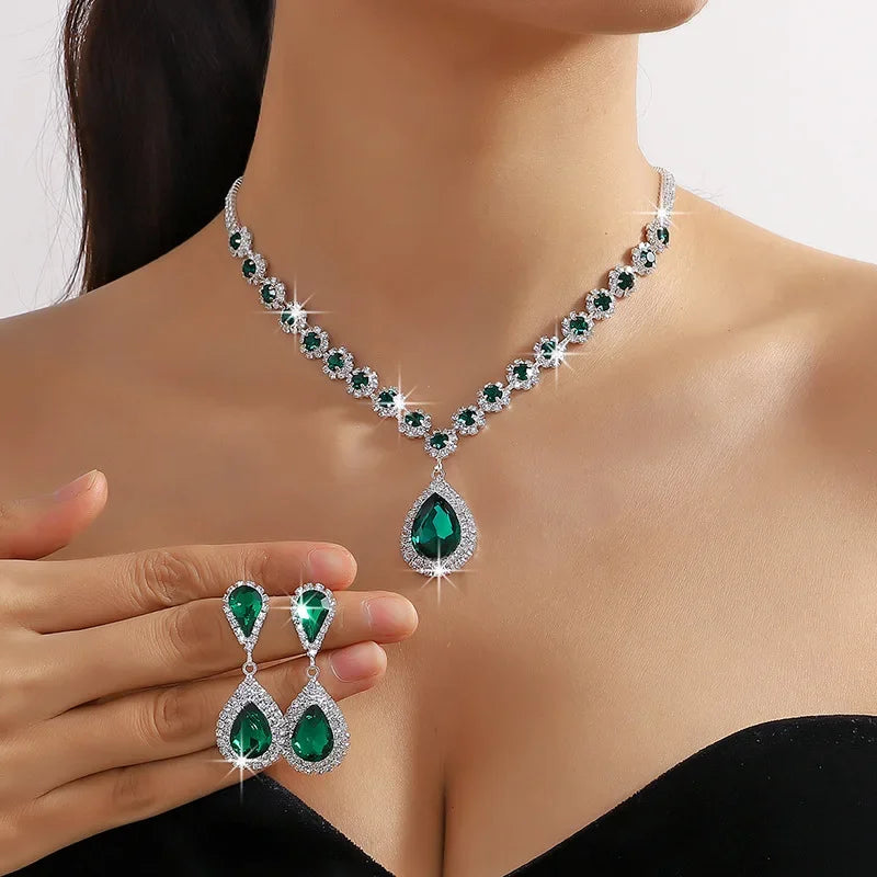 Red Green Blue Crystal Necklace Earrings For Women Water Drop Pendant Wedding Bride Jewelry Sets