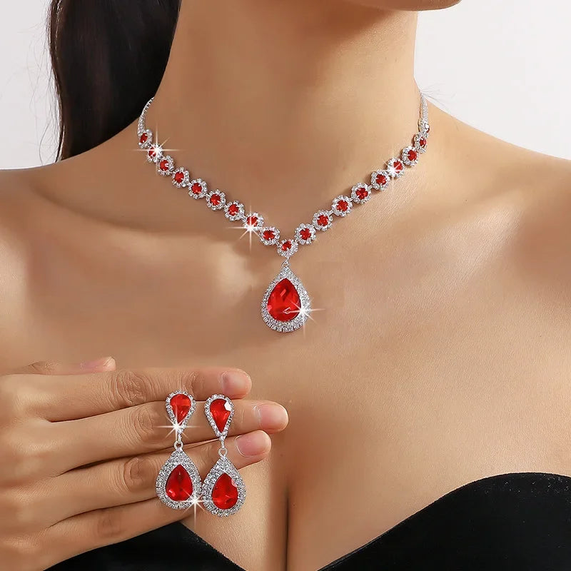Red Green Blue Crystal Necklace Earrings For Women Water Drop Pendant Wedding Bride Jewelry Sets