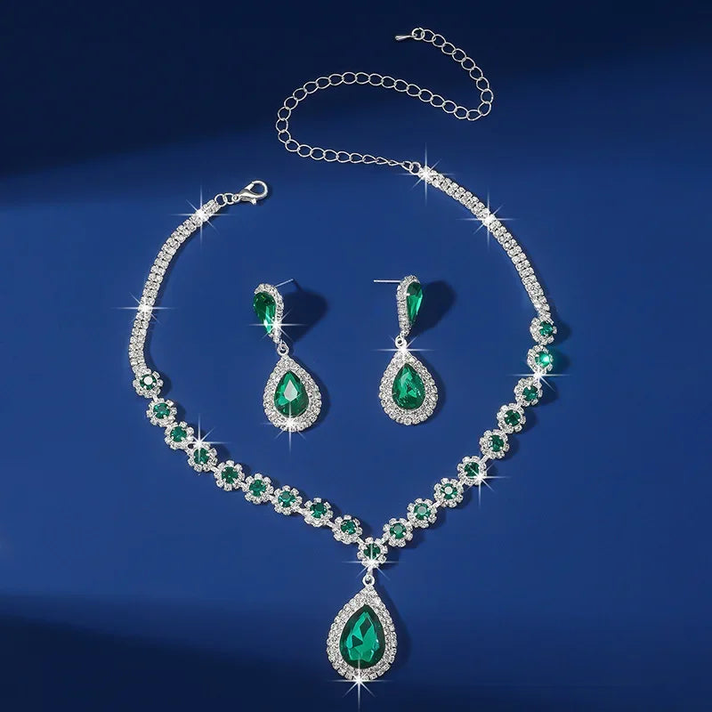 Red Green Blue Crystal Necklace Earrings For Women Water Drop Pendant Wedding Bride Jewelry Sets